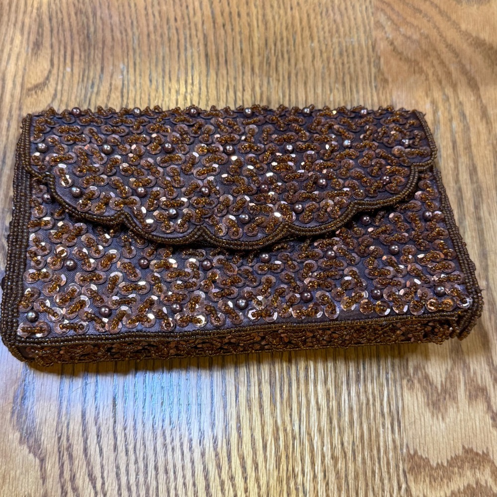 Bijoux Terner Copper Beaded Sequin Evening Clutch Scalloped Flap Brown Bag - Picture 9 of 9